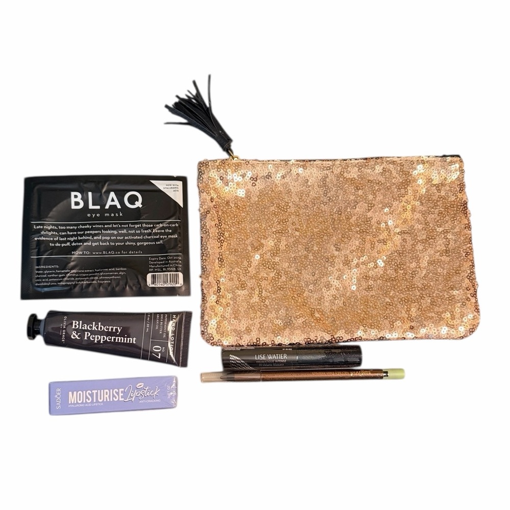6 pc Ipsy Gold Sequence Small Makeup Bag with Skincare and Makeup Set